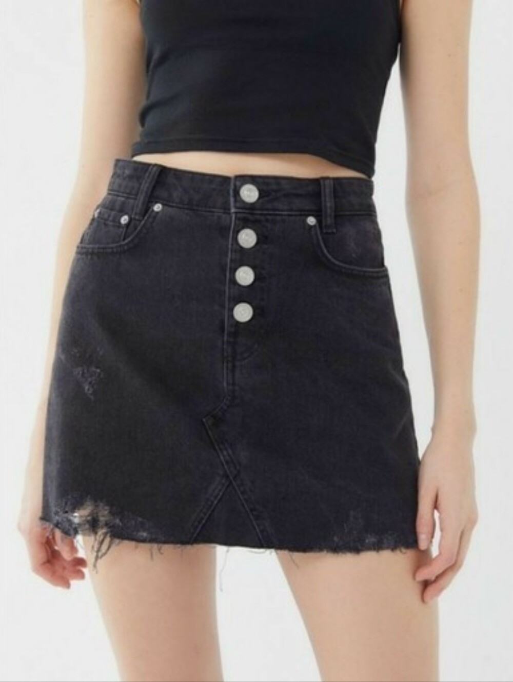 Urban Outfitters BDG Black Distressed Button-Front Denim Mini Skirt Size Medium
